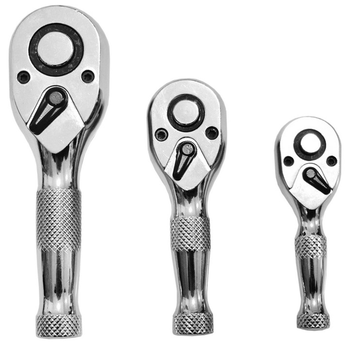 Krátká ráčna, 3ks, 72-zubová, 1/4", 1/2", 3/8"