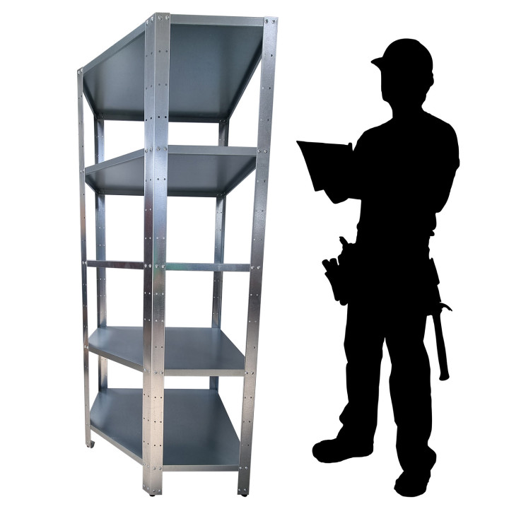 Kovový regál s 5 rohovými policemi, pozinkovaný, výška 180cm
