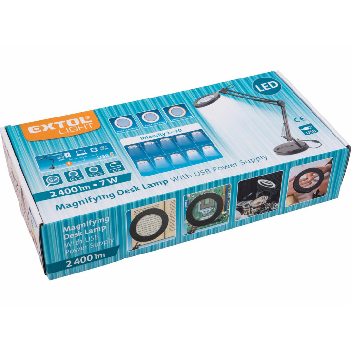 Lampa stolní s LED a lupou, 2400lm, USB napájení, EXTOL LIGHT