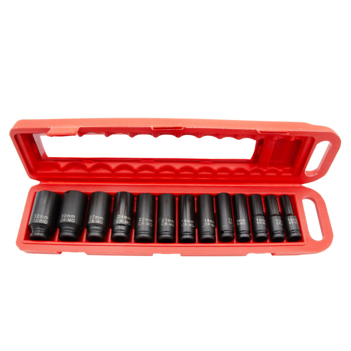 1/2" prodloužené rázové nástrčné klíče, 13ks, 10-32mm, CR-MO, sada