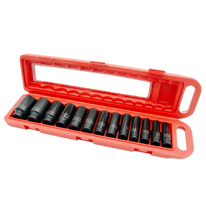 1/2" prodloužené rázové nástrčné klíče, 13ks, 10-32mm, CR-MO, sada