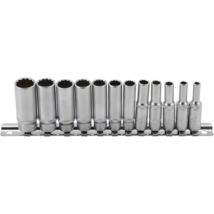 Sada nástrčných hlavic 1/4" – prodloužené, 12-hranné, palcové, 12 ks