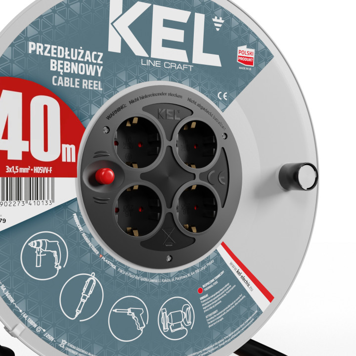 Prodlužovací kabel na plastovém bubnu, černý, 3x1.5mm2, délka 40m, 3680W