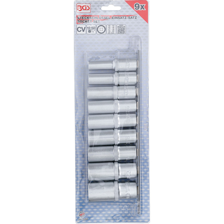 Sada hlubokých nástrčných hlavic, 12hran, čtyřhran 12,5 mm (1/2"), 10-24 mm, 9 ks