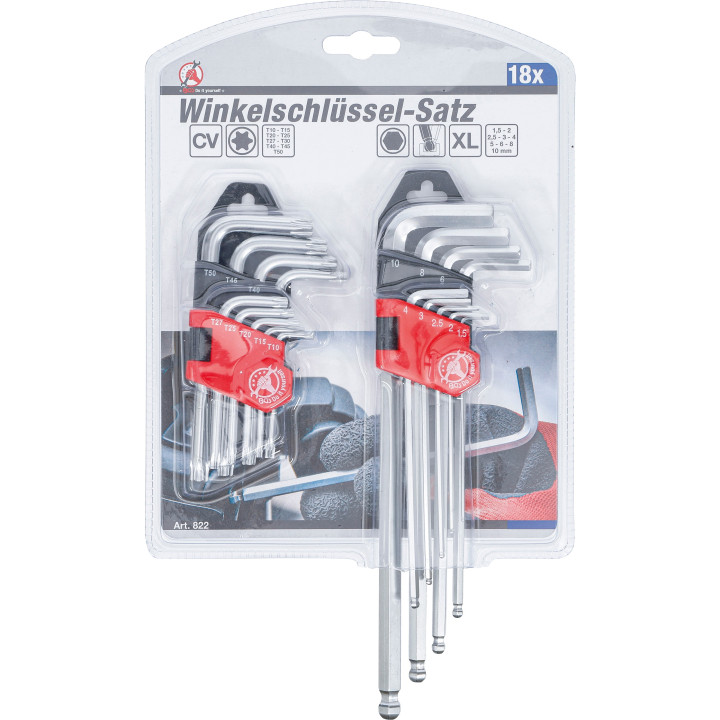 Sada dlouhých L-klíčů Torx (T10–T50) a imbusových klíčů (1,5–10 mm), 18 ks