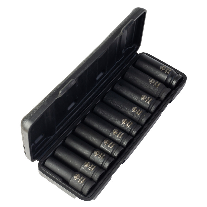 Sada 1/2" rázových nástrčných hlavic, dlouhé, 10-24 mm, 10 ks