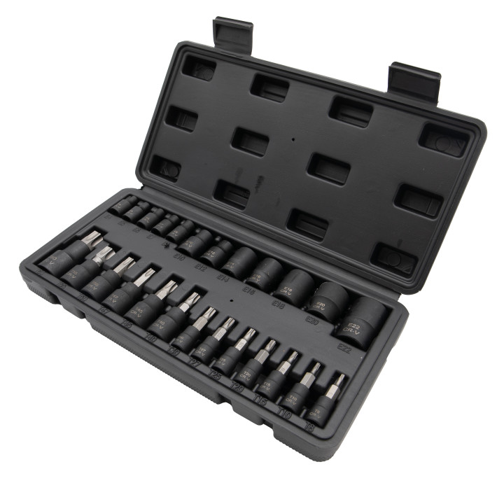 Sada nástrčných hlavic Torx a E-Profil, T8-T60, E4-E22, 25ks