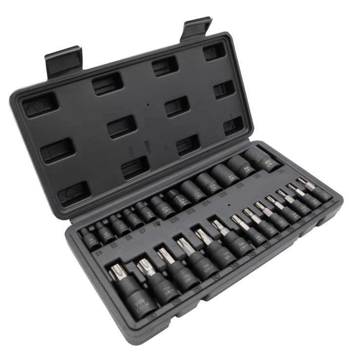 Sada nástrčných hlavic Torx a E-Profil, T8-T60, E4-E22, 25ks