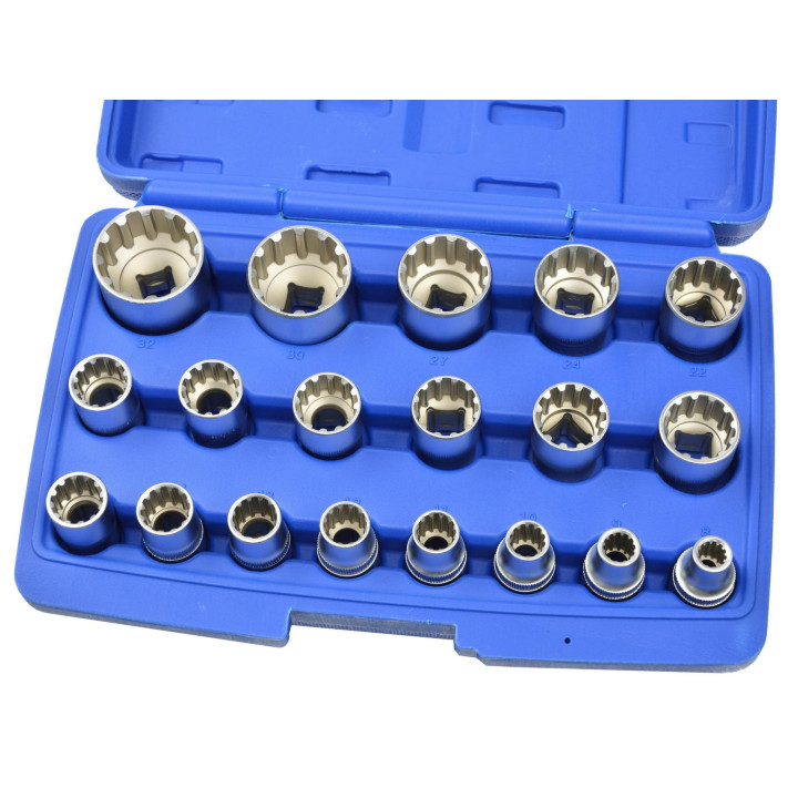 1/2" sada dvanáctihranných nástrčných klíčů Spline. Velikosti: 8-32mm, 19ks