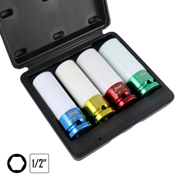 Sada nástrčných klíčů pro hliníkové disky, 17-19-21-22mm, 1/2", 4ks
